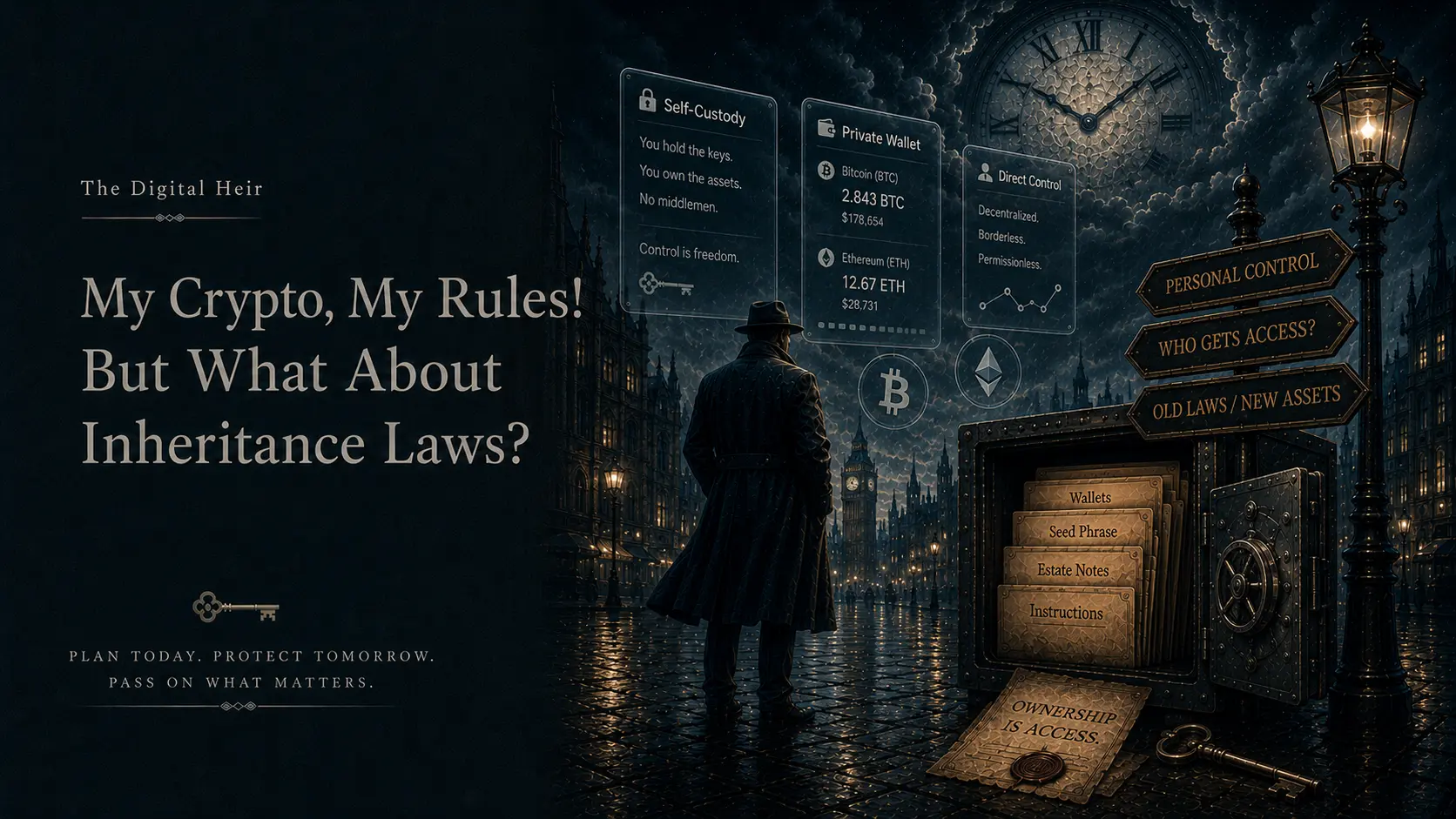 A self-custody crypto wallet and encrypted envelope shown beside old inheritance documents
